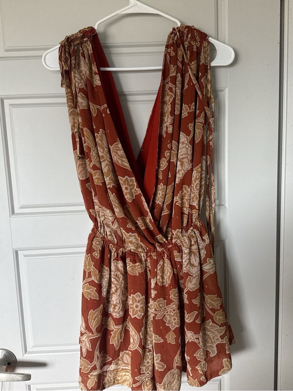 Rust Floral V-Neck Romper - Rust and Cream